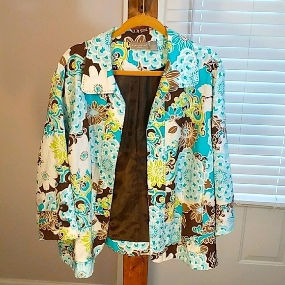 Kim Rogers Jackets & Blazers - Kim Rogers 100% Linen Green White Open Jacket Blazer 3/4 Sleeves  Lined Size 2X